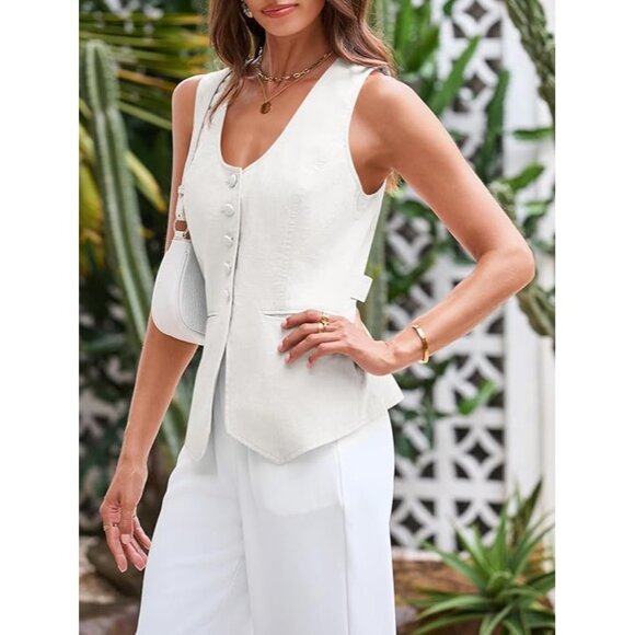 New Tankaneo Women White Scoop Neck Vest Summer Sleeveless Fitted Size L - Picture 2 of 3